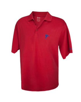 Frogger Golf men's polo front view in red/blue, stylish and breathable on course