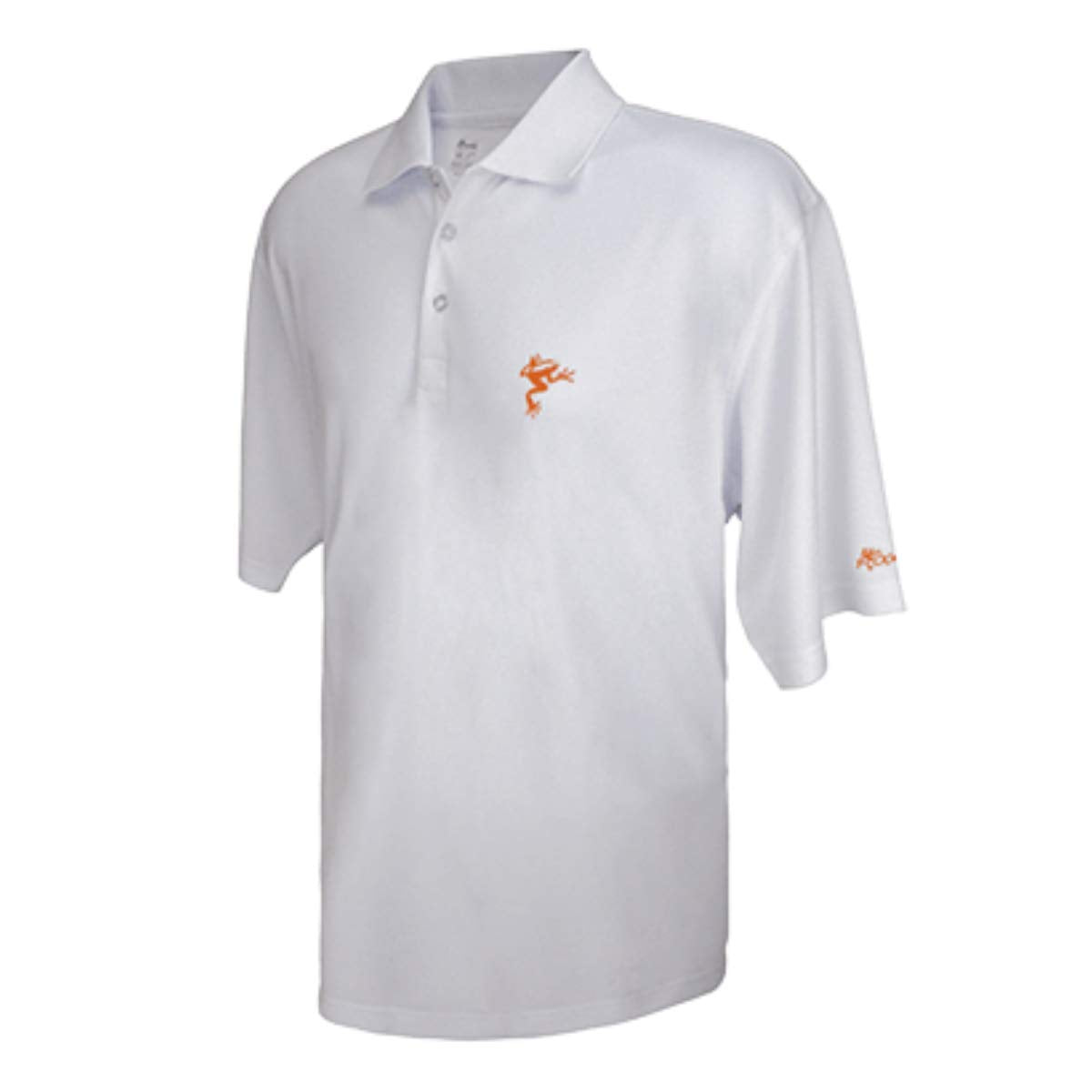 Frogger Golf men's polo front view in white/orange showing breathable fabric and flexible comfort.