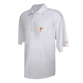 Frogger Golf men's polo front view in white/orange showing breathable fabric and flexible comfort.