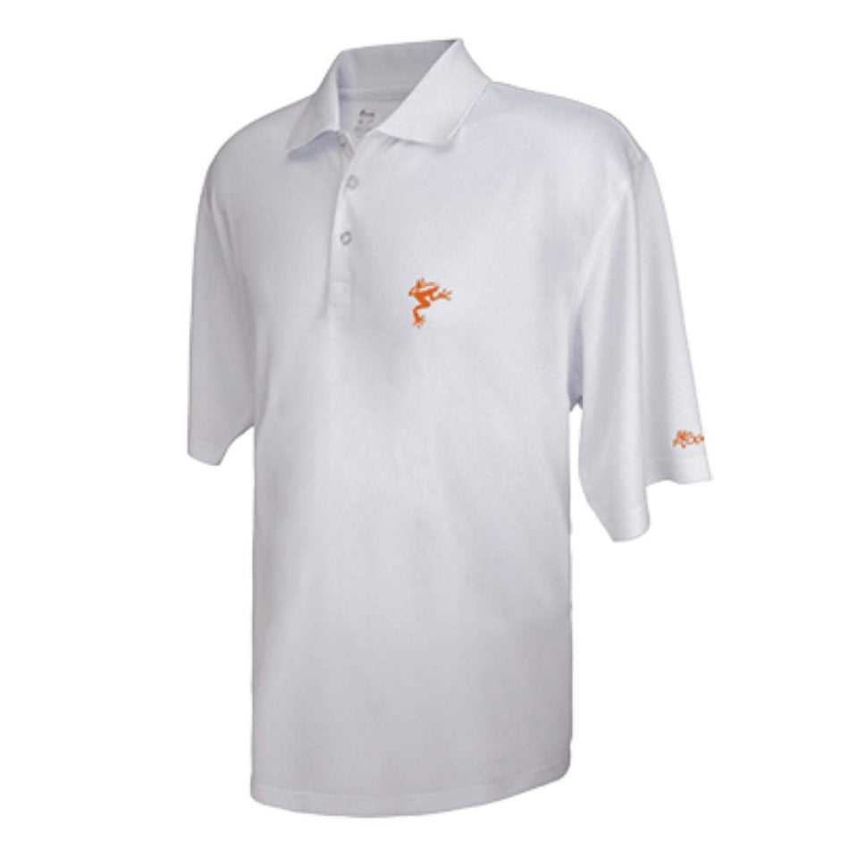Frogger Golf men's polo front view in white/orange showing breathable fabric and flexible comfort.