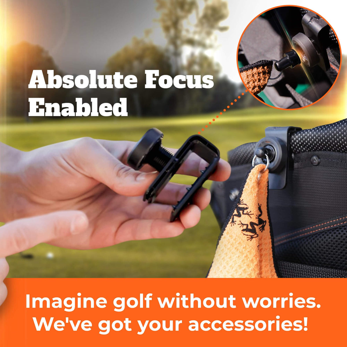 Frogger Latch-It bag clamp system fits most golf bags.