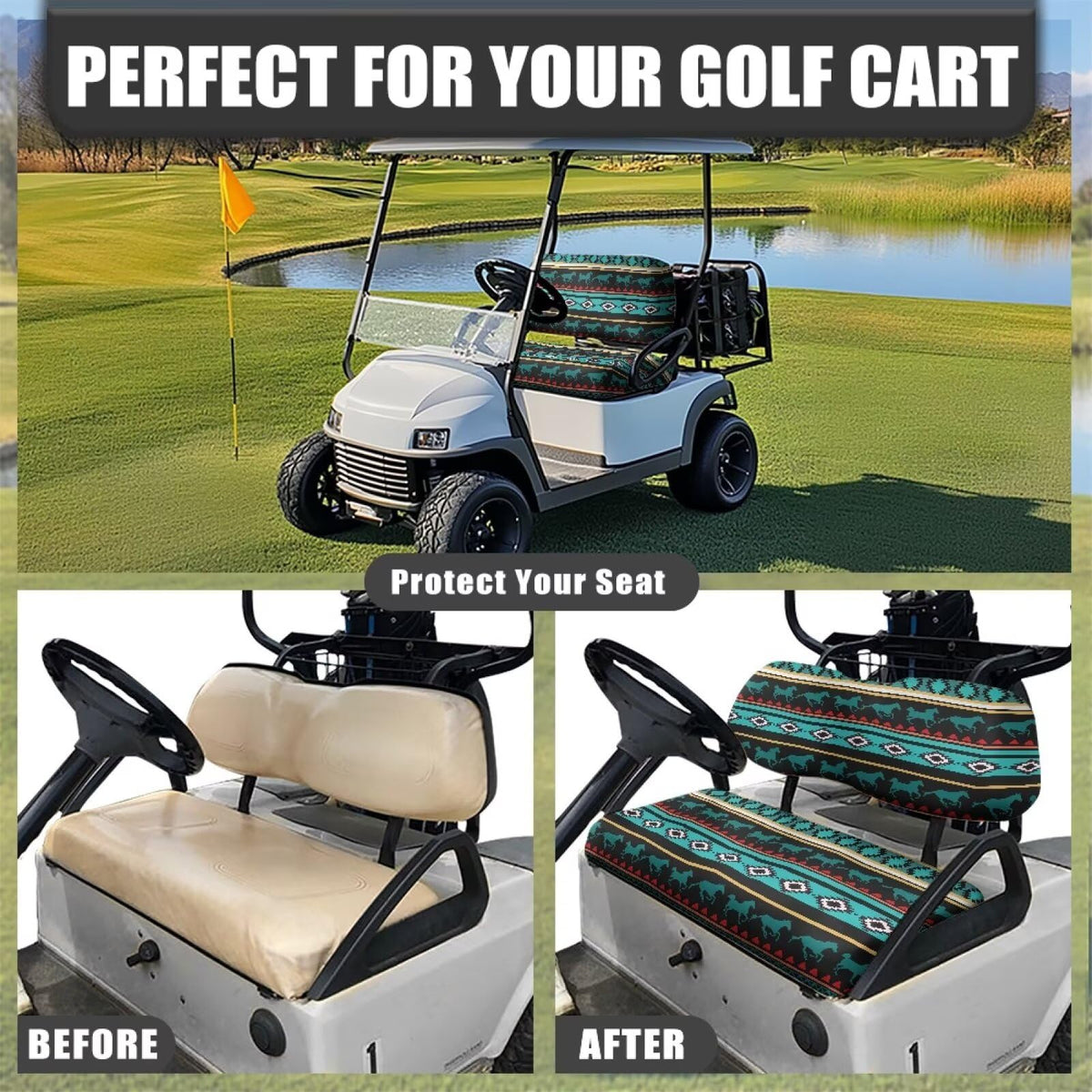 FUIALDOLG seat cover size guide shows wide universal fit for most carts