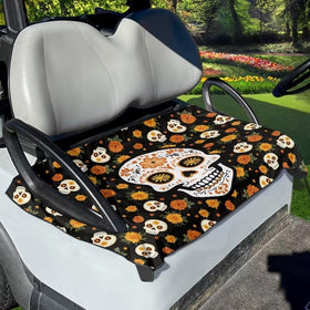 FUIALDOLG Smiley Skull pattern seat cover for golf carts; protects seats and adds Halloween flair.