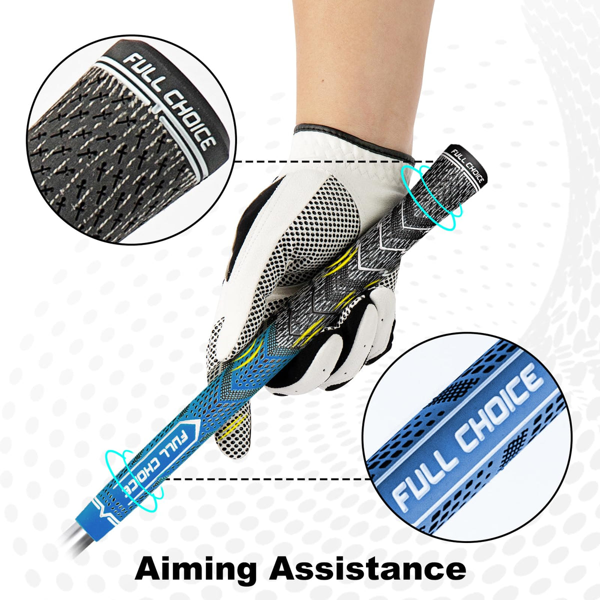 Full Choice Cross Corded Golf Grips 13-pack, angle shot, showcasing low taper control.