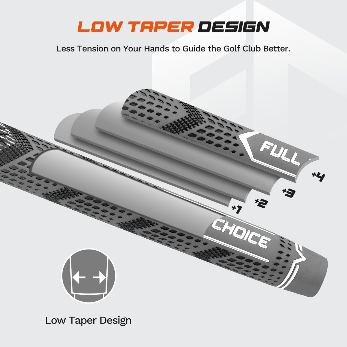 Full Choice mid-size cross-corded grips offer versatile feel for moderate grip pressure.