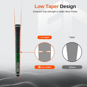 Full Choice grips low-taper design; reduces hand tension for smoother swings.