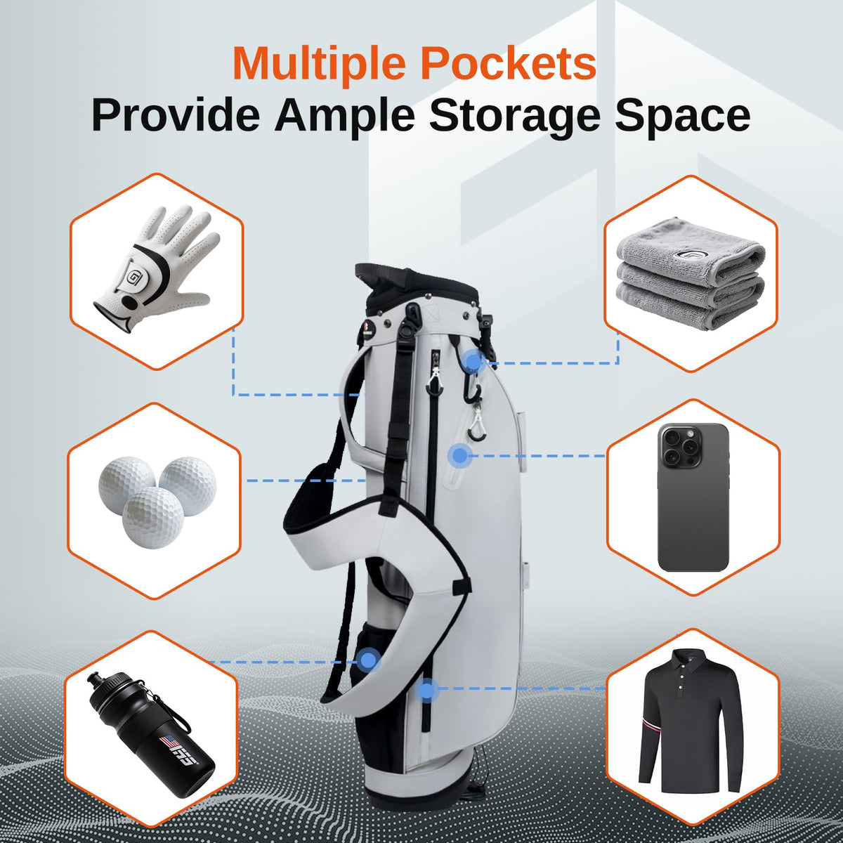 Full Choice mesh pocket stores tees and water bottle for quick access.