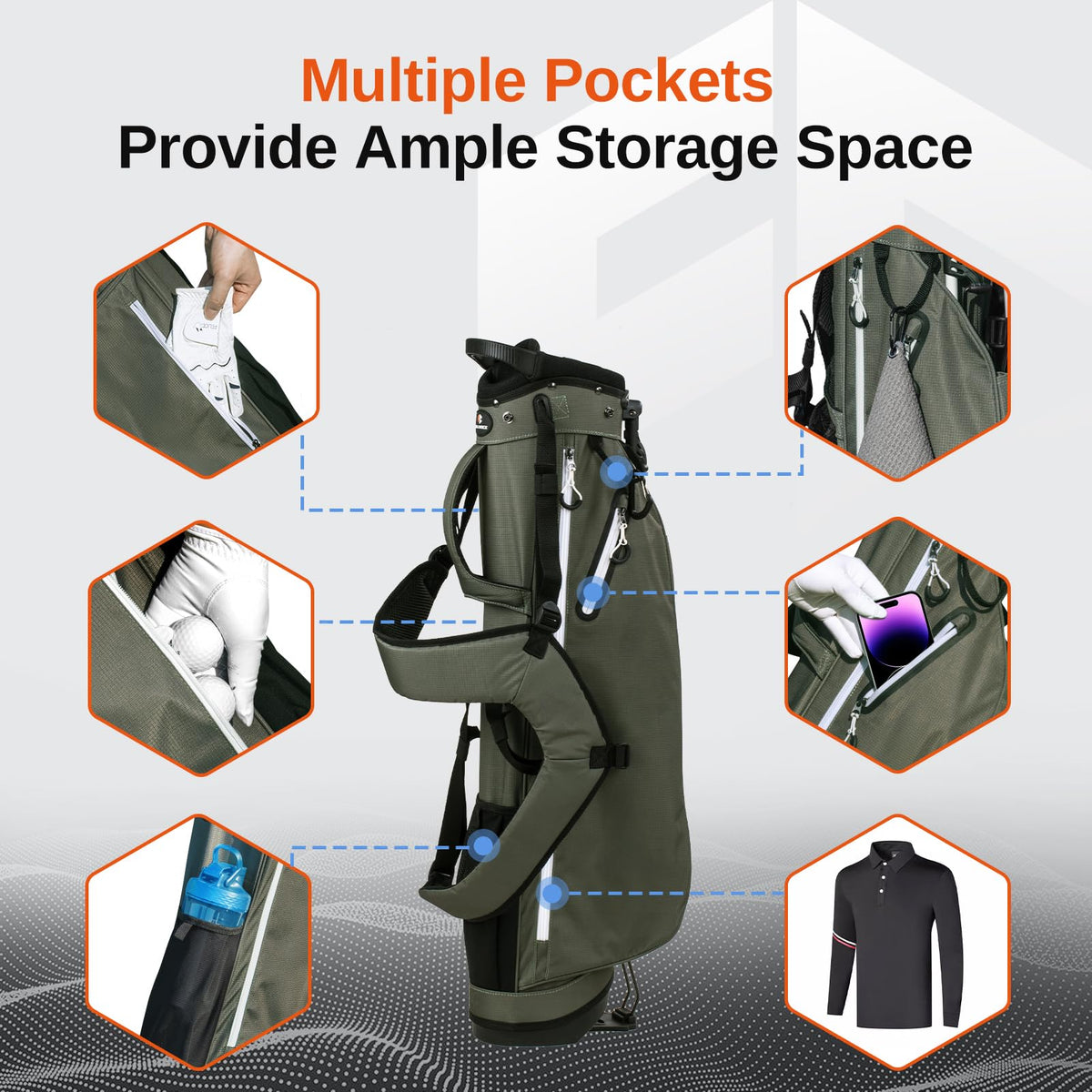 Full Choice mesh pocket for water bottle, tees, and small accessories.