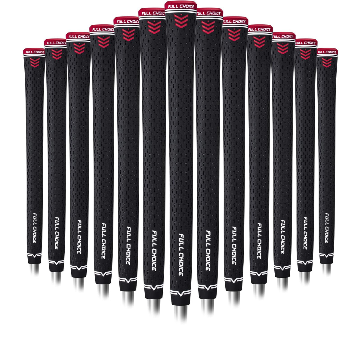Full Choice rubber golf grips in black and red provide high-traction control.