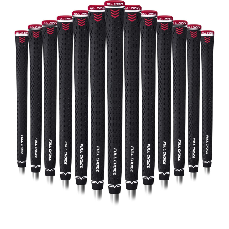 Full Choice rubber golf grips in black and red provide high-traction control.