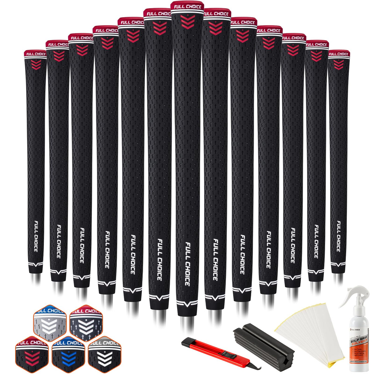 Full Choice rubber golf grips 13-pack front view enhances all-weather feel and control.