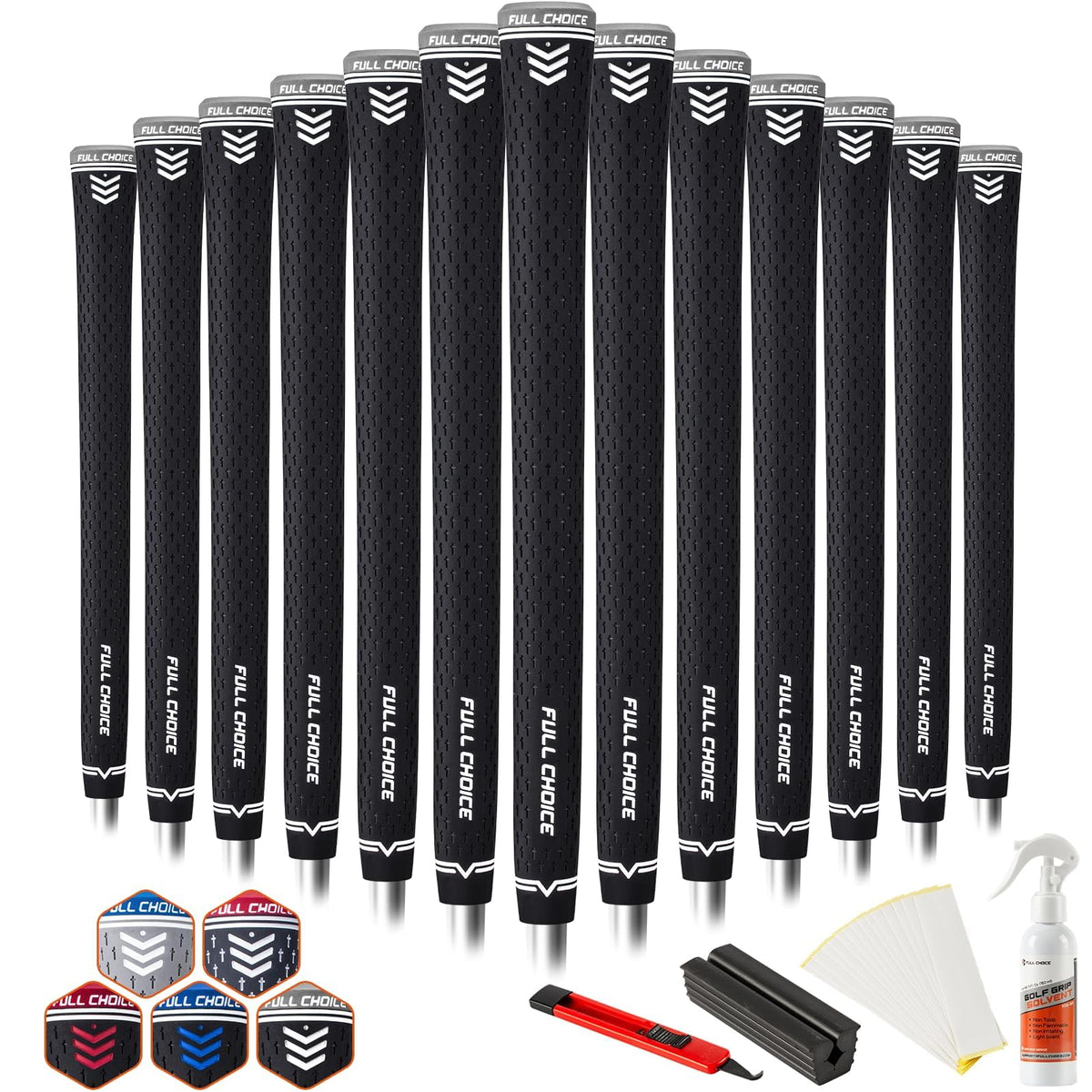 Full Choice 13-set rubber golf grips offer secure traction.