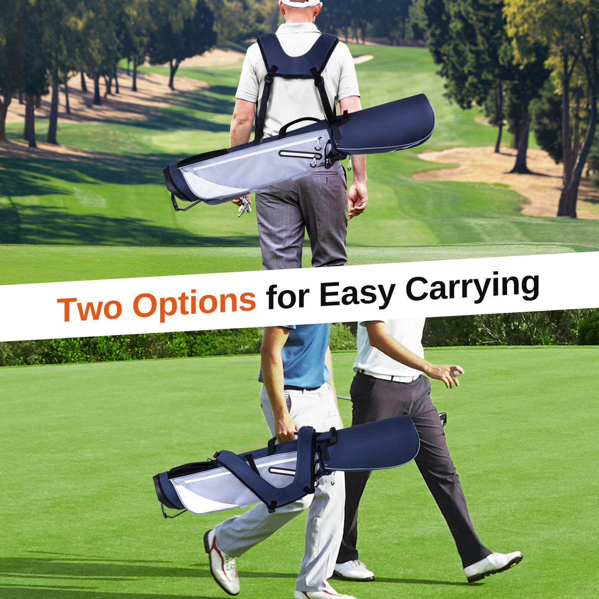 Full Choice bag with four full-length dividers, organized clubs.