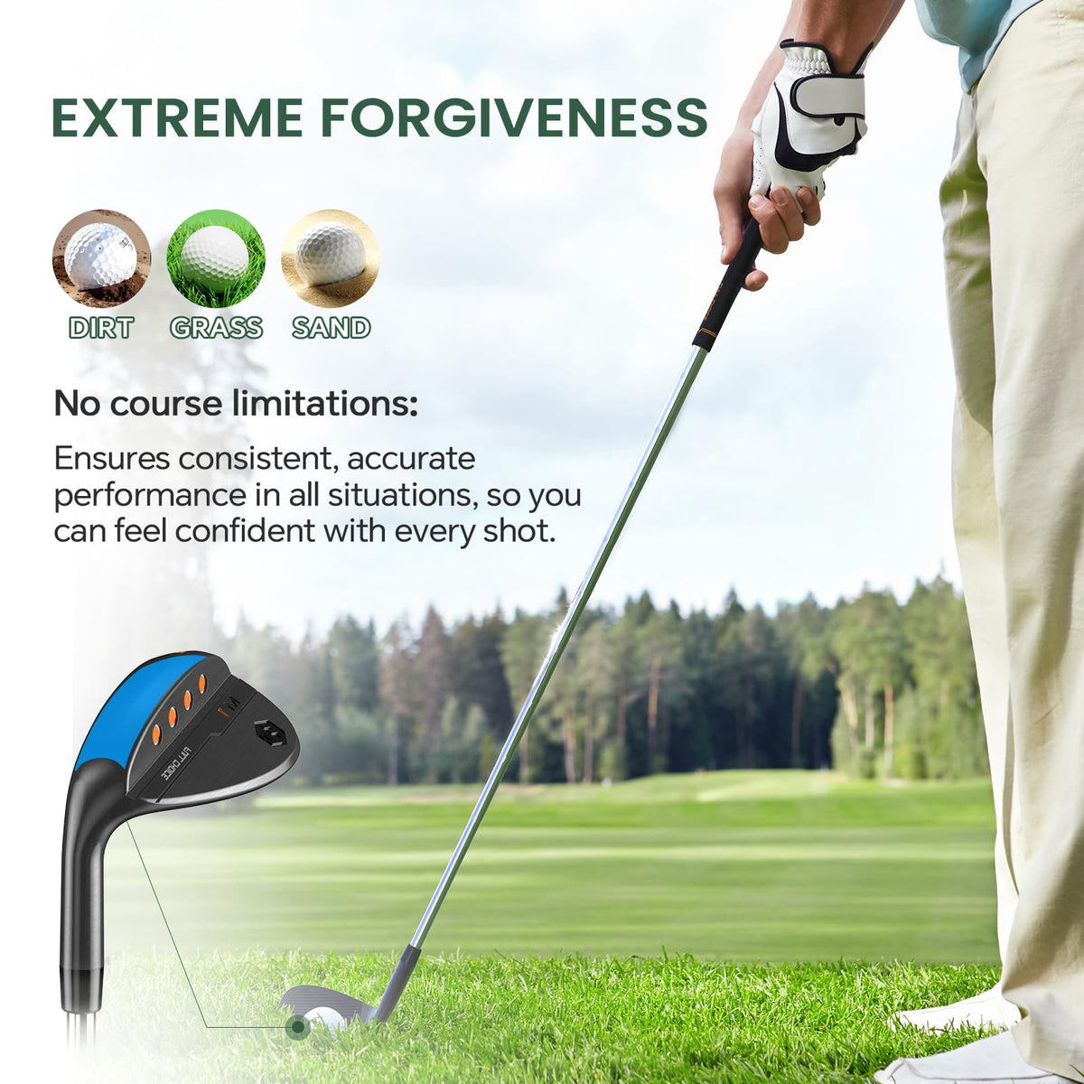 Full Choice forgiving wedge in action reduces fat shots during approach.