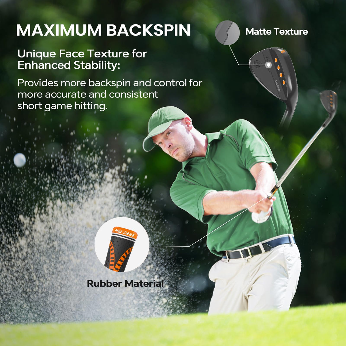 Full Choice wedge with unique face texture promotes stability on turf.