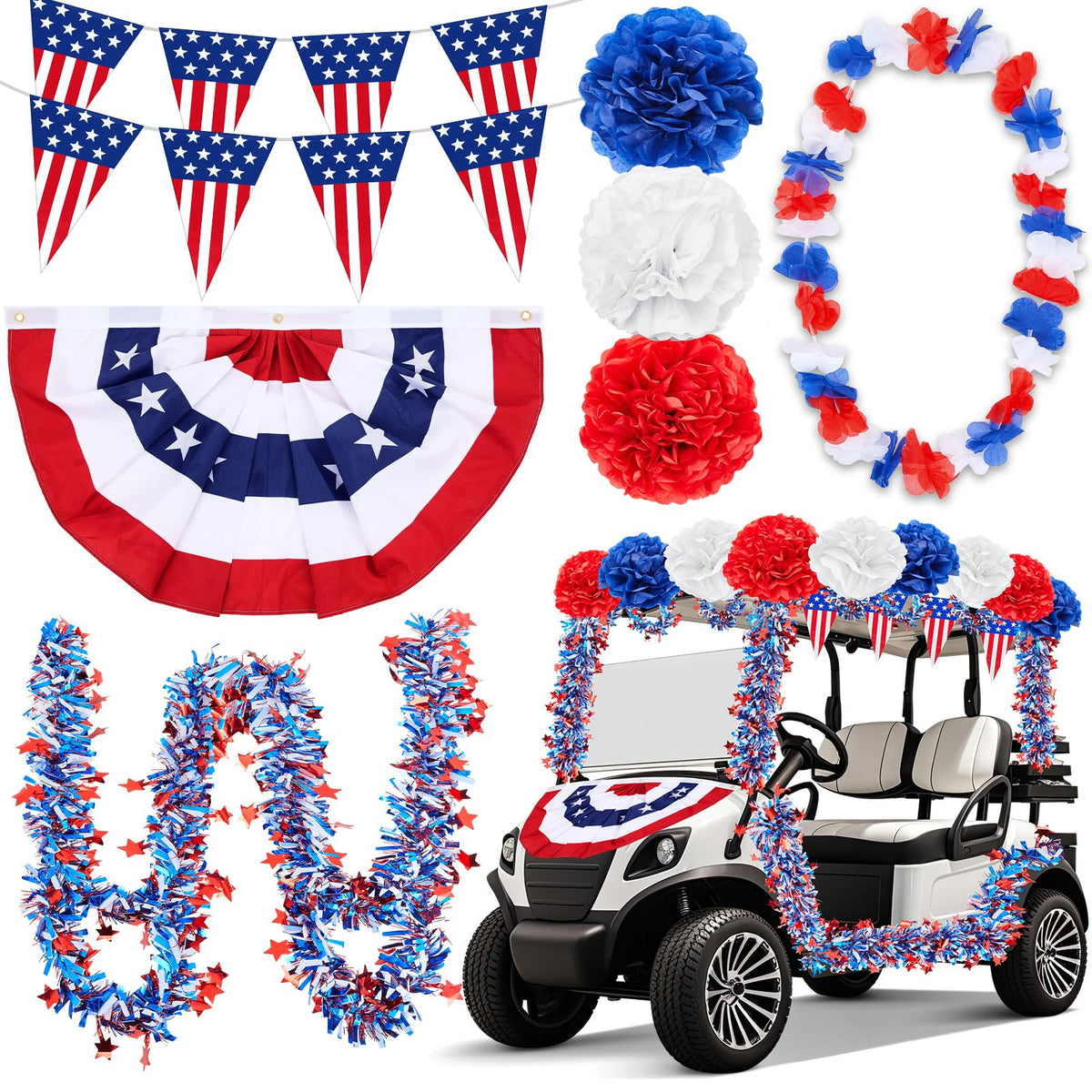 Fullhawl pompoms brighten golf carts for festive parades.