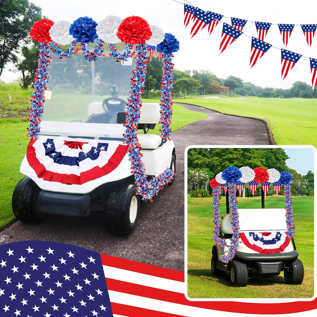 Fullhawl patriotic leis create a playful parade vibe.