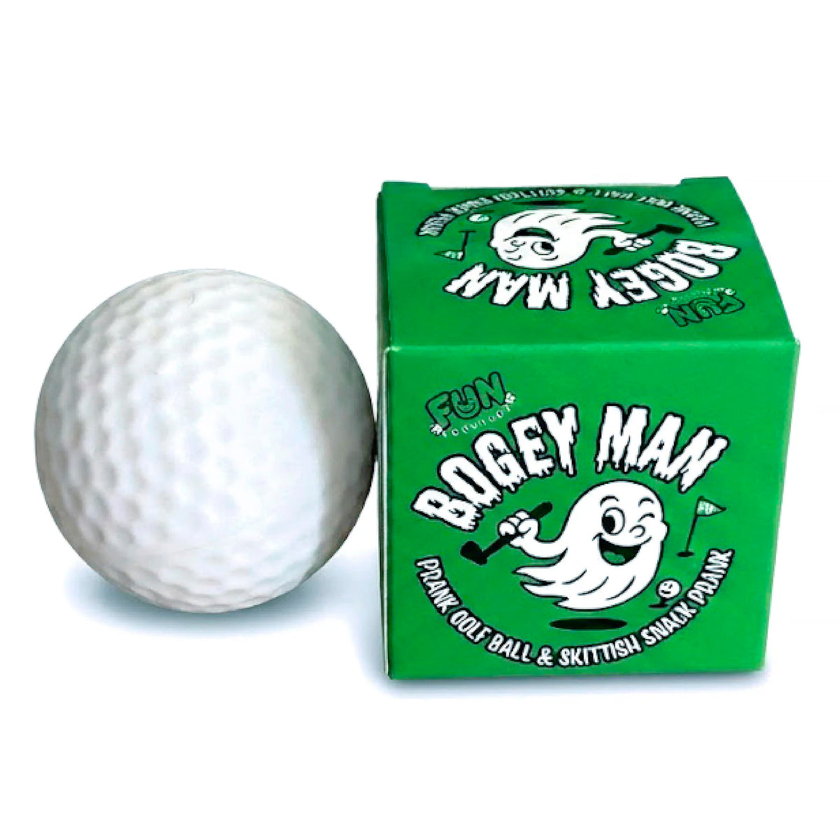 FUN delivery Bogey Man prank ball close-up on green with playful misdirection