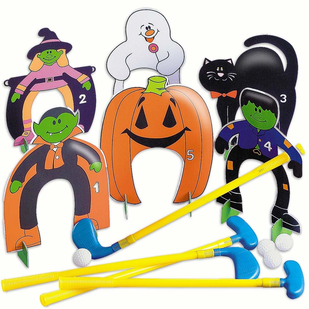Fun Express Halloween mini golf clubs are durable for indoor and outdoor play.