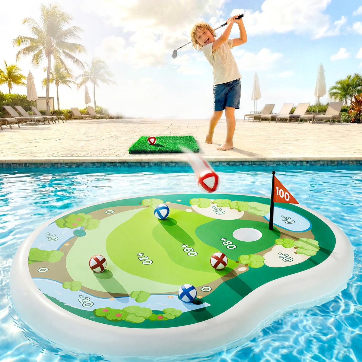 Funscape inflatable golf pool toy with plush surface for soft grip and fun play