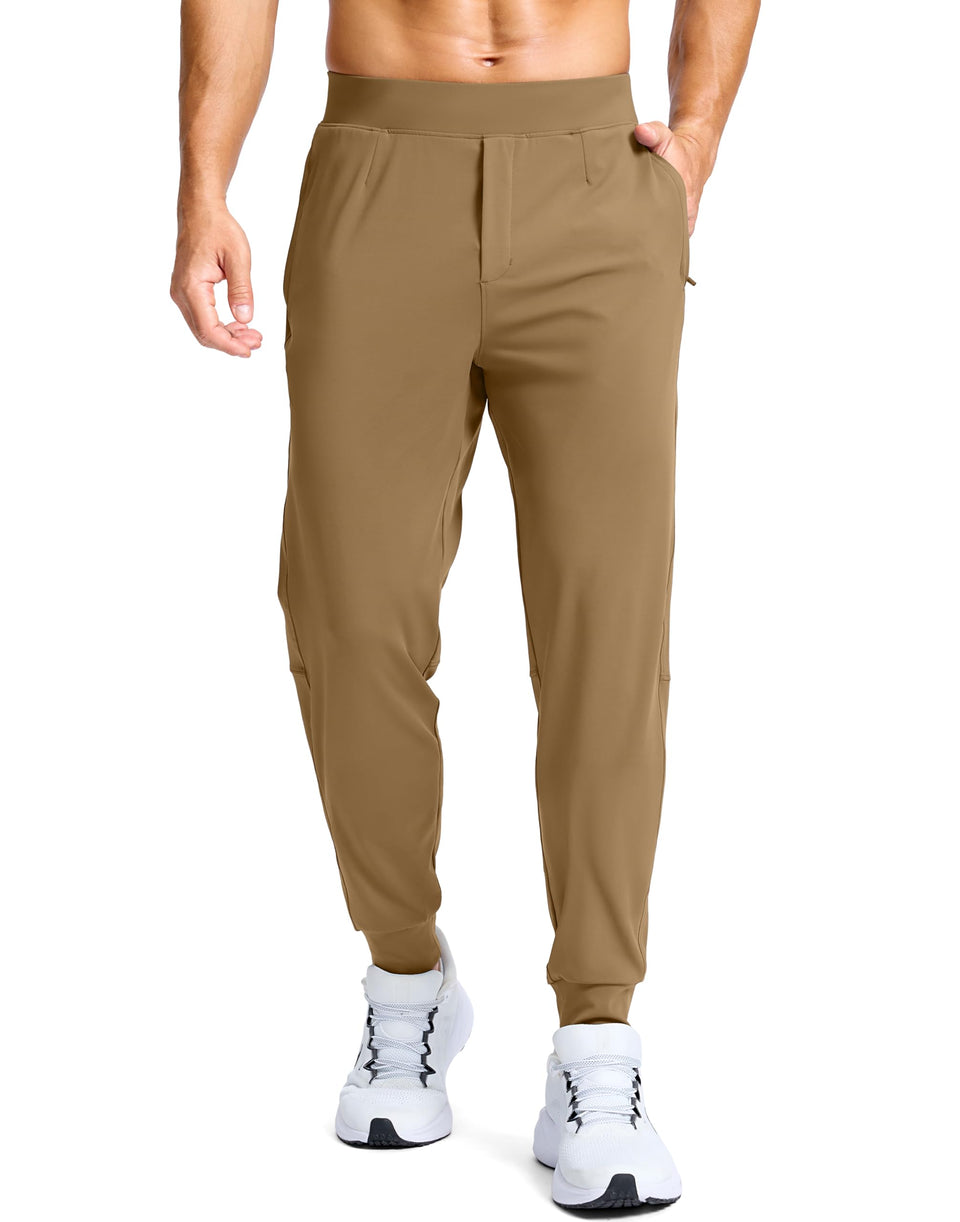 G Gradual men's golf joggers in dark khaki with front view and secure zip pockets.