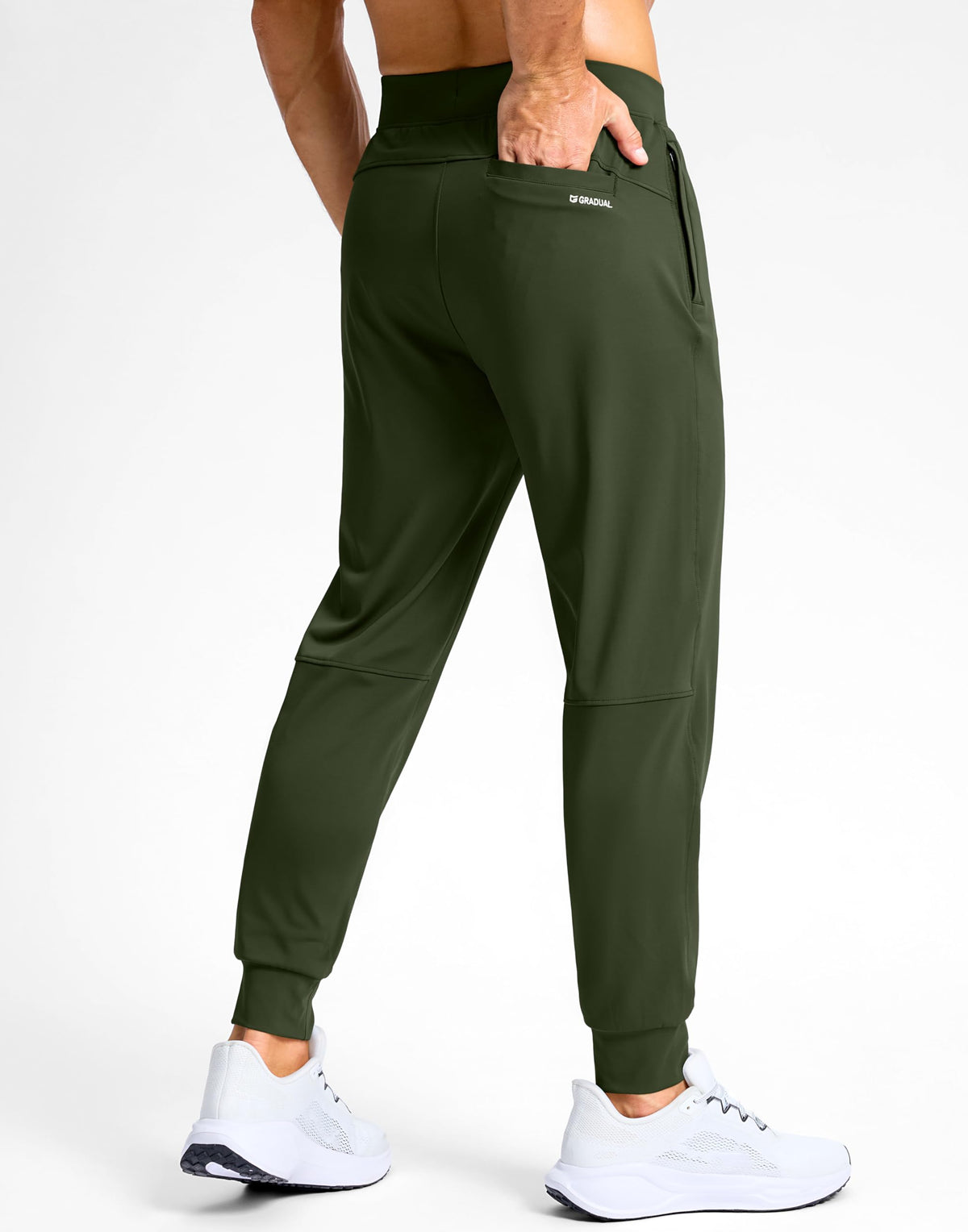 Back pocket detail on G Gradual olive joggers for valuables
