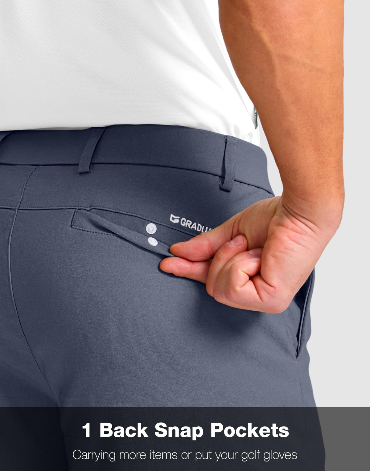 G Gradual golf shorts back pocket view in dusty blue with snap closure