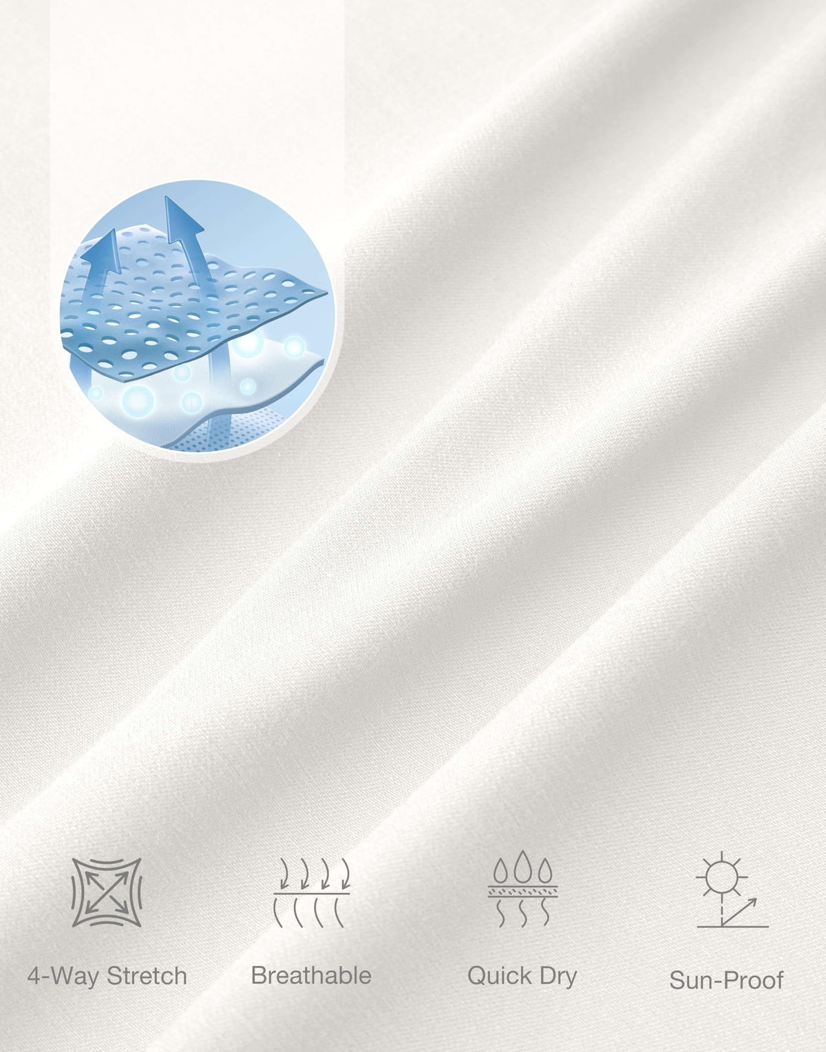 G Gradual fabric texture close-up highlights stretch and moisture-wicking feel.