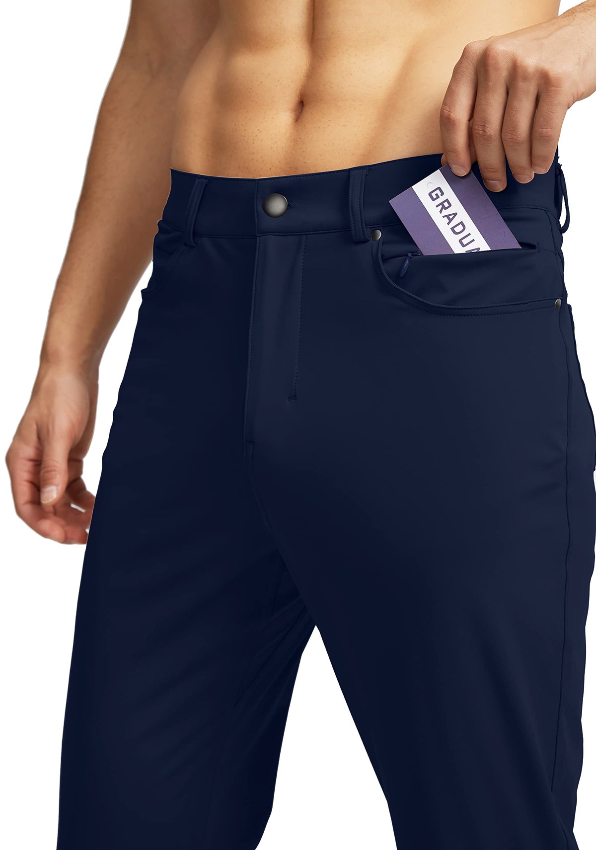 G Gradual navy stretch golf pants side profile showing flexible fabric