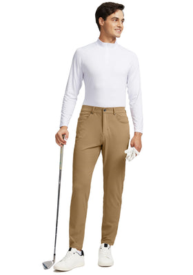 G Gradual back-view of stretch golf pants shows slim office-friendly profile.