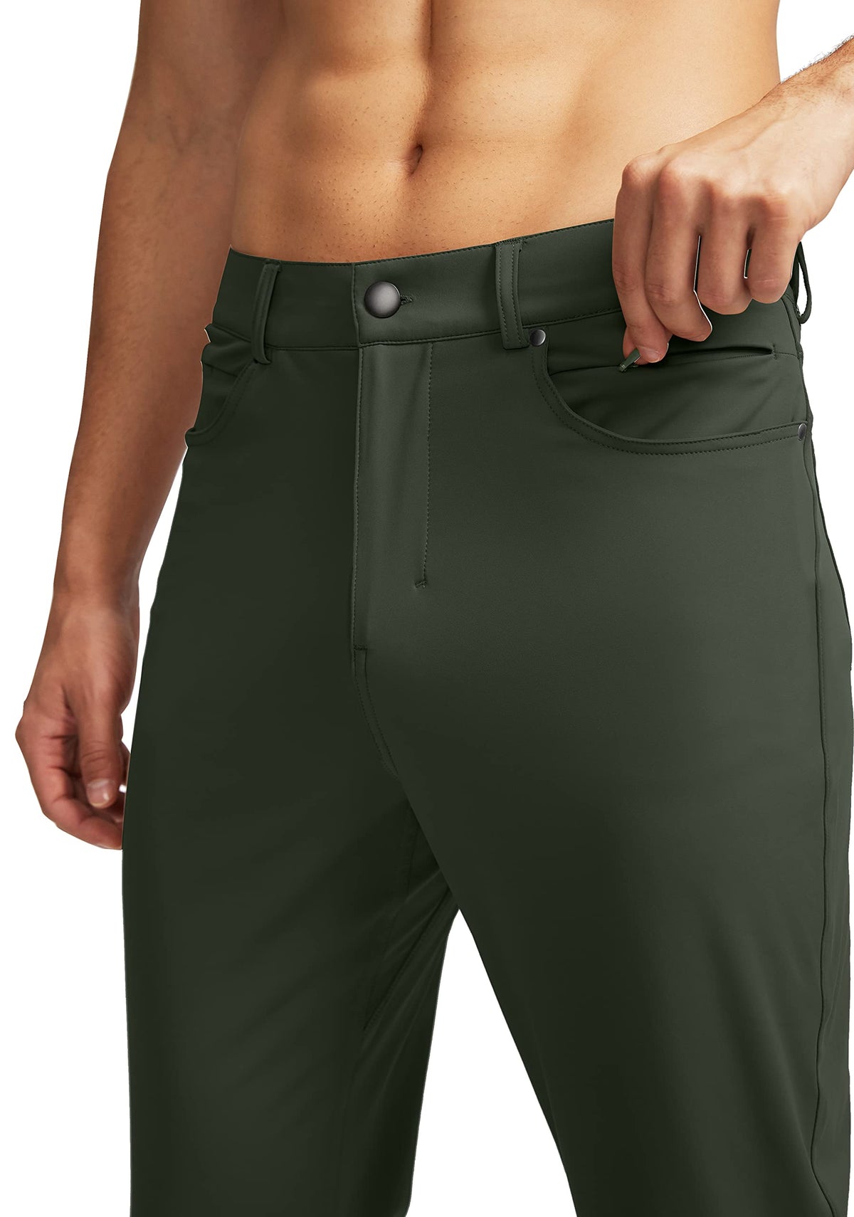 G Gradual olive-green stretch golf pants, back pockets for gloves.