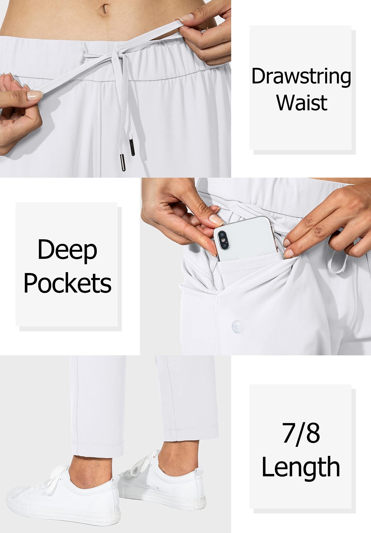 G Gradual elastic waistband with drawstring ensures adjustable fit.