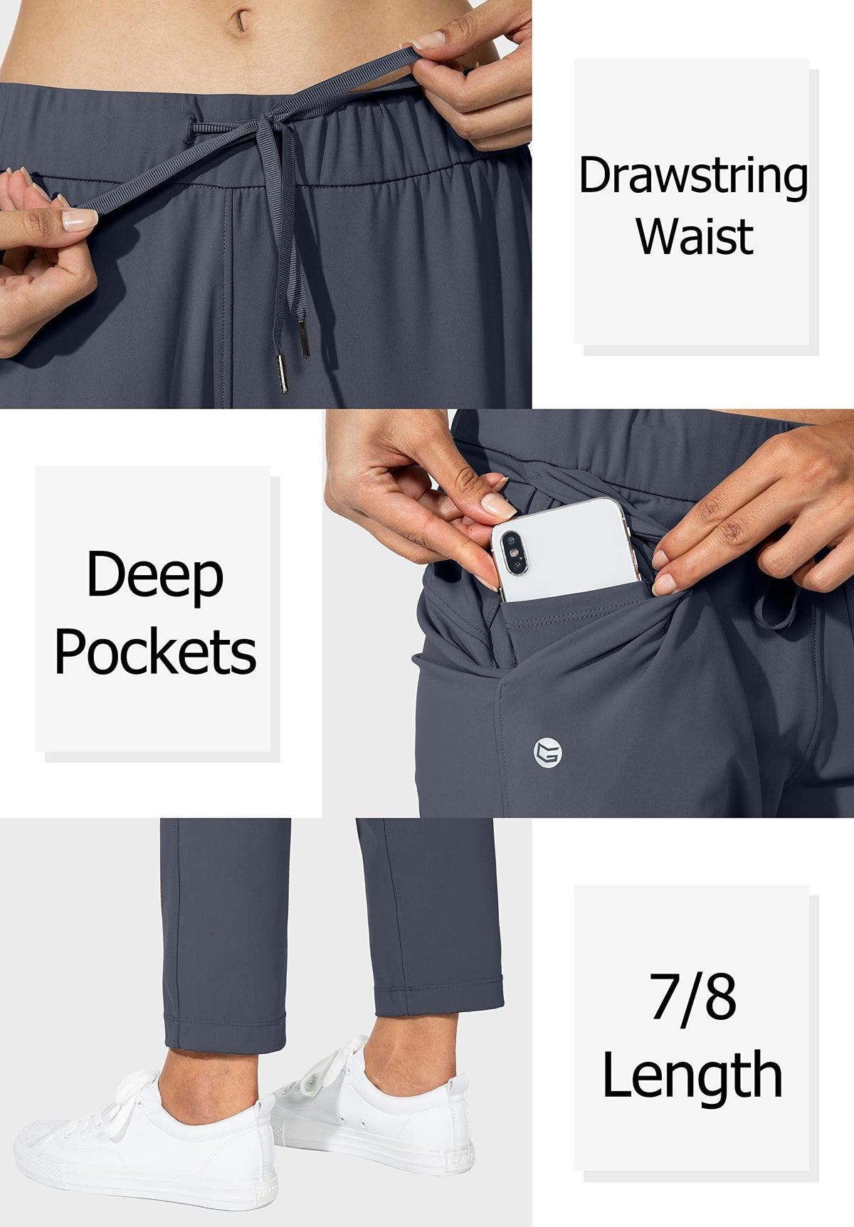 G Gradual elastic waistband with adjustable drawstring for a secure fit.
