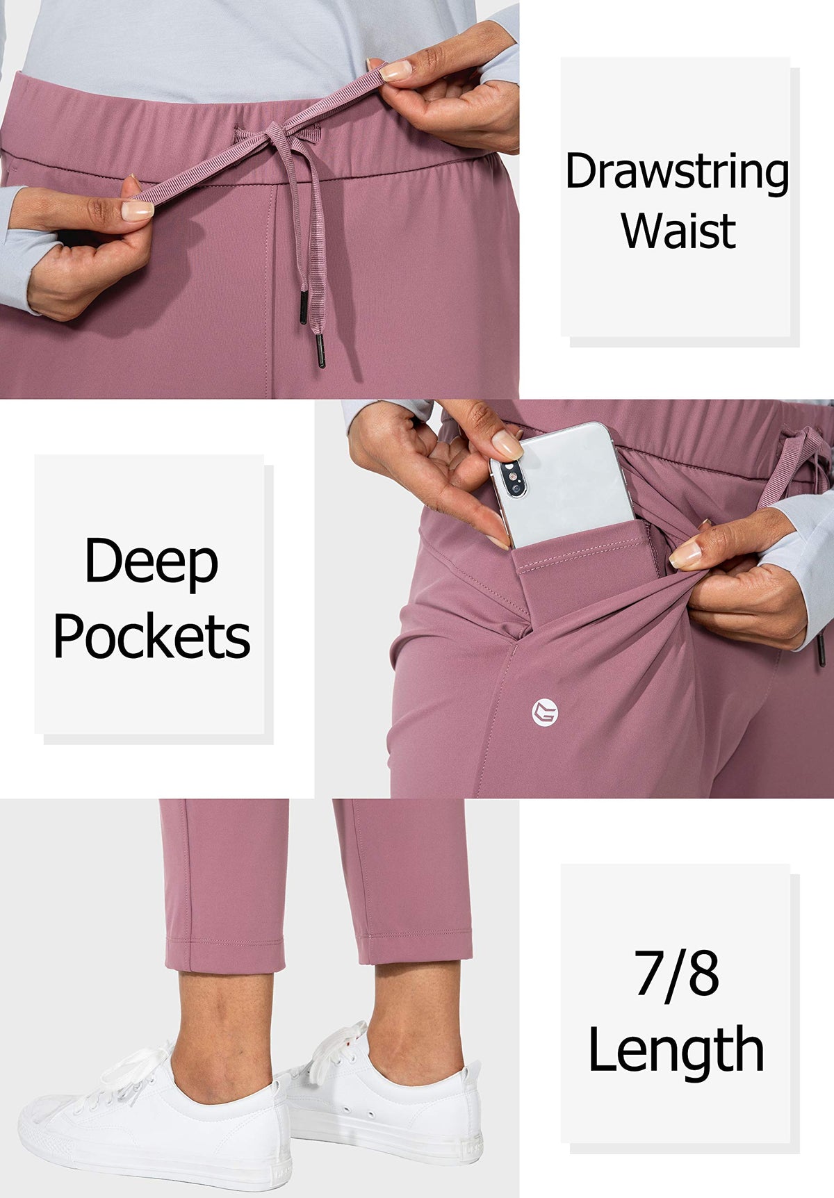 G Gradual fabric close-up shows soft four-way stretch for active wear.