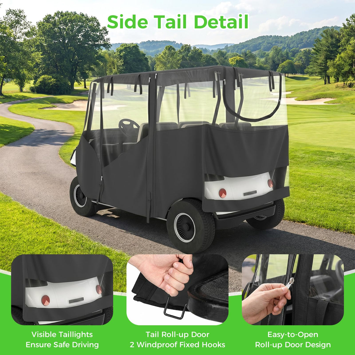 Clear visibility four-sided windows for safer, comfortable rides with Garvee enclosure.