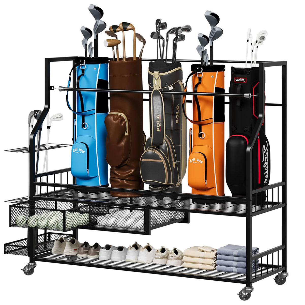 Garvee 5-bag stand with wheels shown in a garage for easy storage.