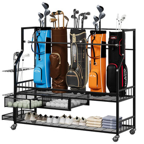 Garvee 5-bag stand with wheels shown in a garage for easy storage.