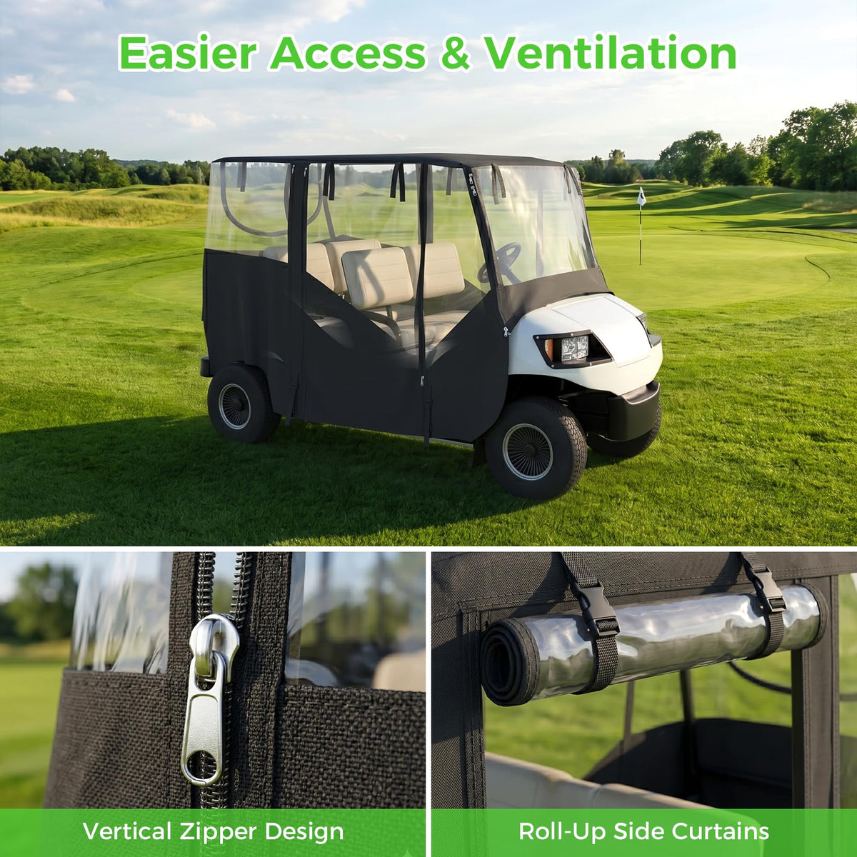 All-weather Garvee golf cart enclosure keeps the cart usable in changing conditions.