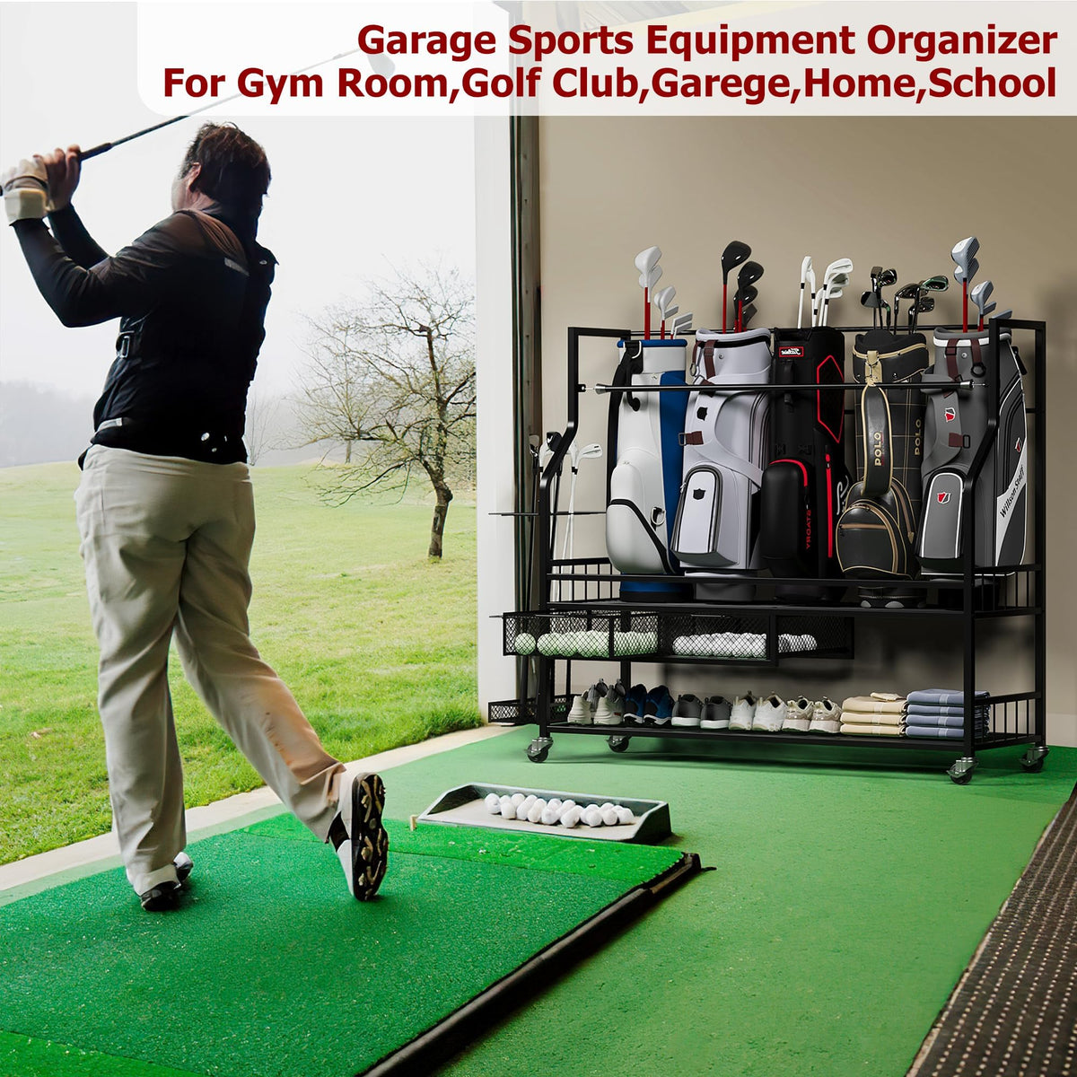 Garvee garage storage setup keeps bags and clubs within reach.