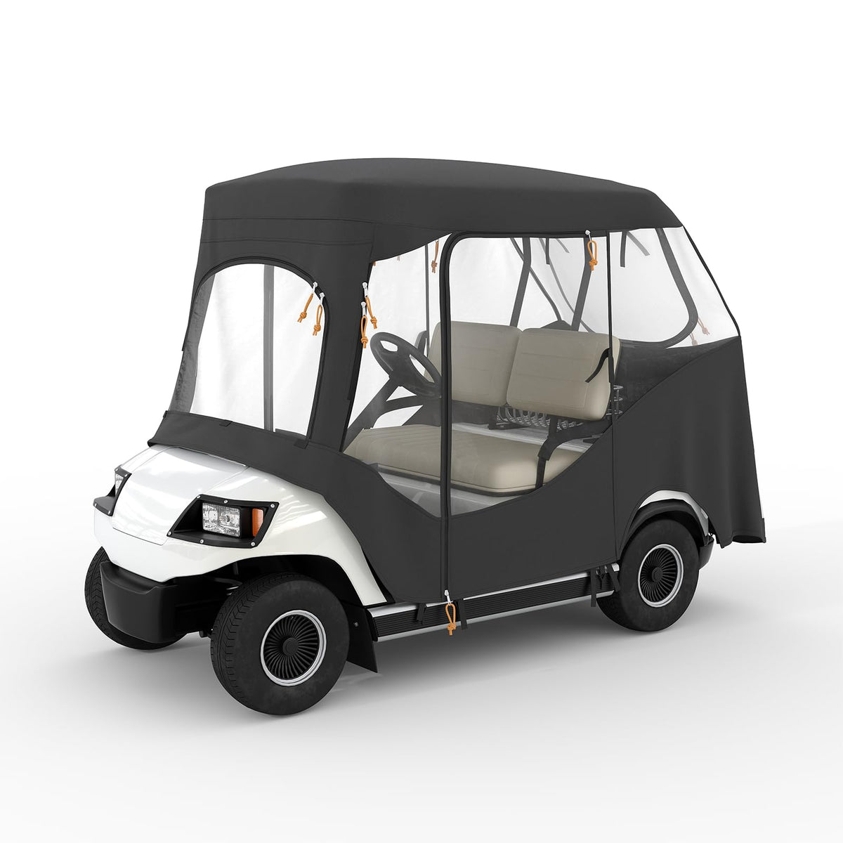 Garvee 2-person golf cart enclosure fits Club Car Precedent snugly for secure driving.