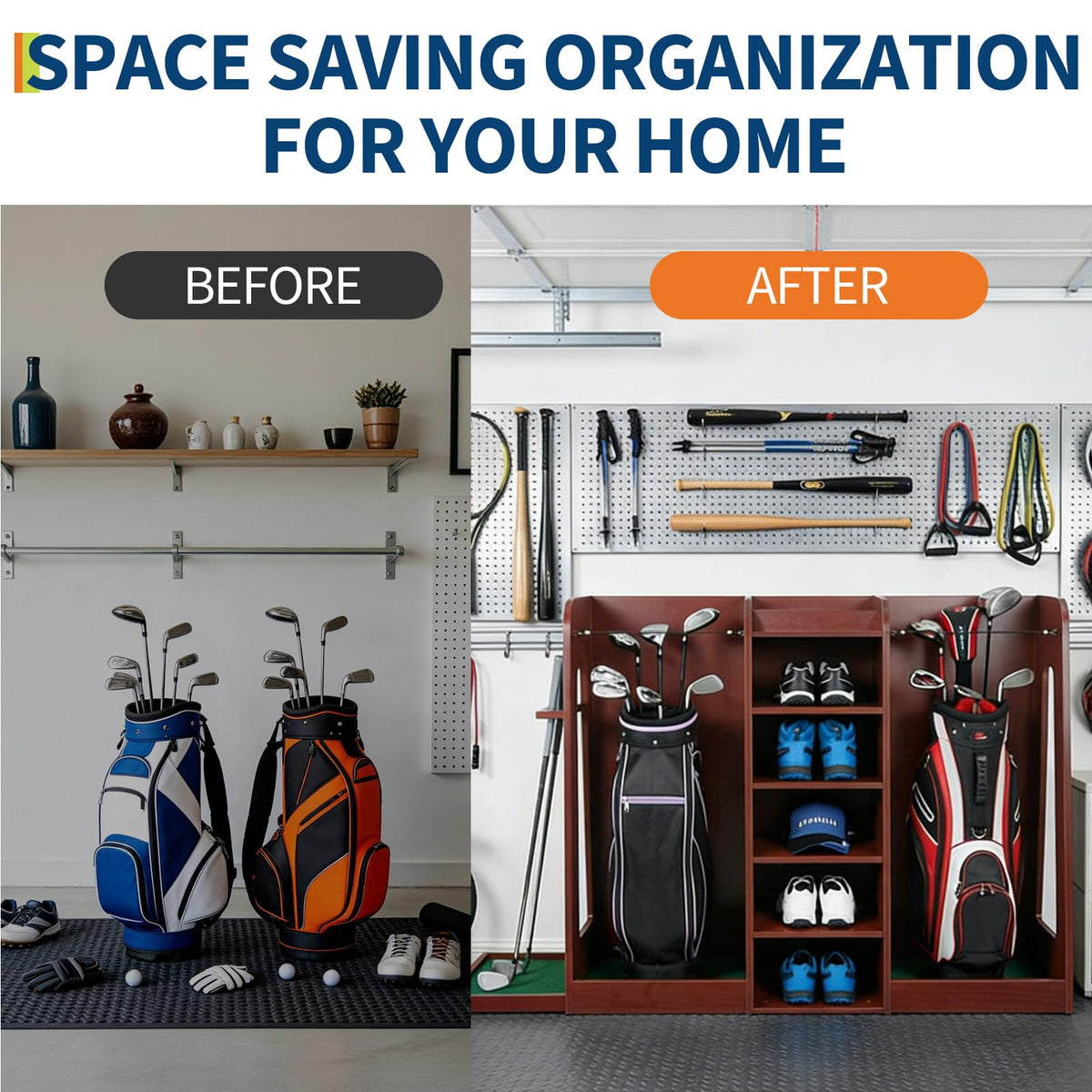 GarveeLife garage storage system for golf gear in home or practice space.