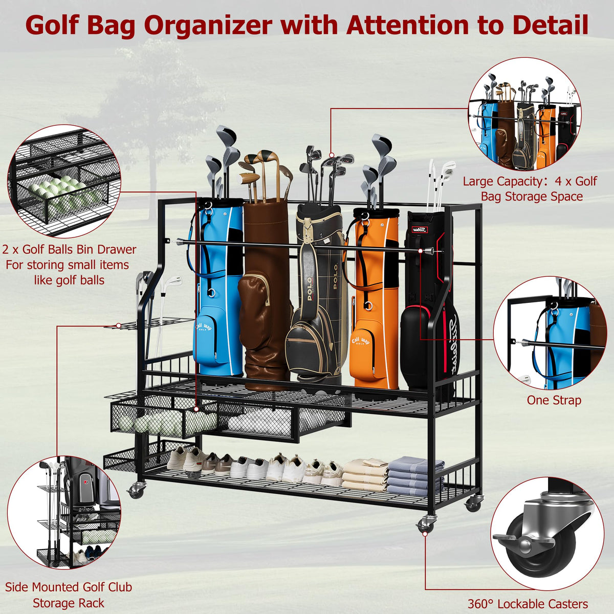 GarveeTech golf bag storage rack with four wheels enables easy indoor and outdoor movement