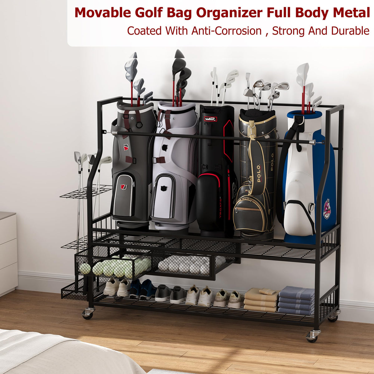 GarveeTech golf bag storage rack holding five bags and clubs for clutter-free spaces