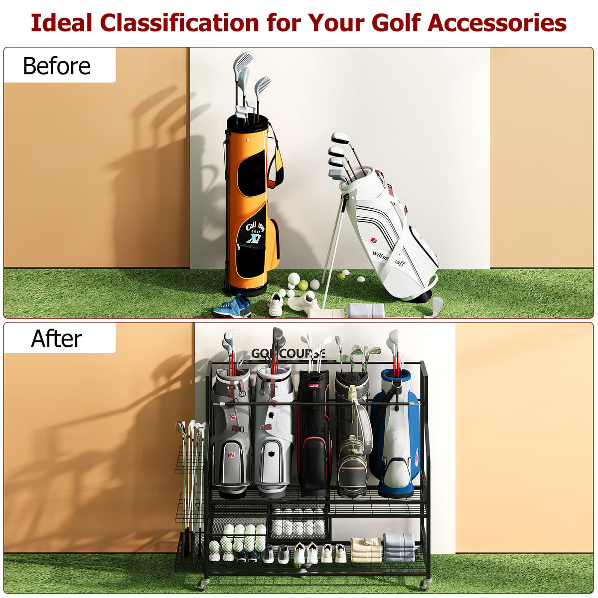 GarveeTech golf bag storage rack dimensions show ample length for multiple bags