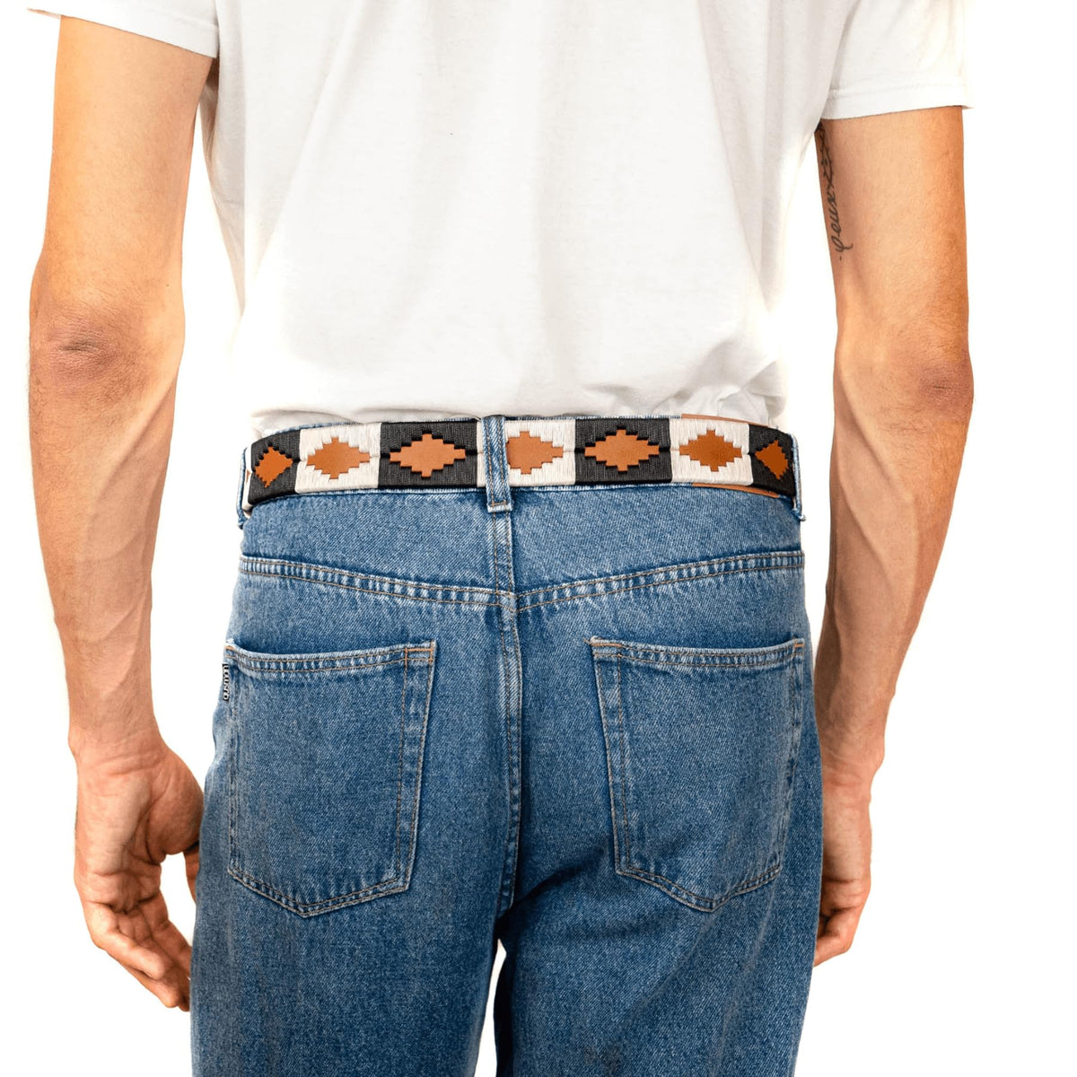 GauchoLife polo belt model wearing Black-White-Tan colorway demonstrates versatile styling.