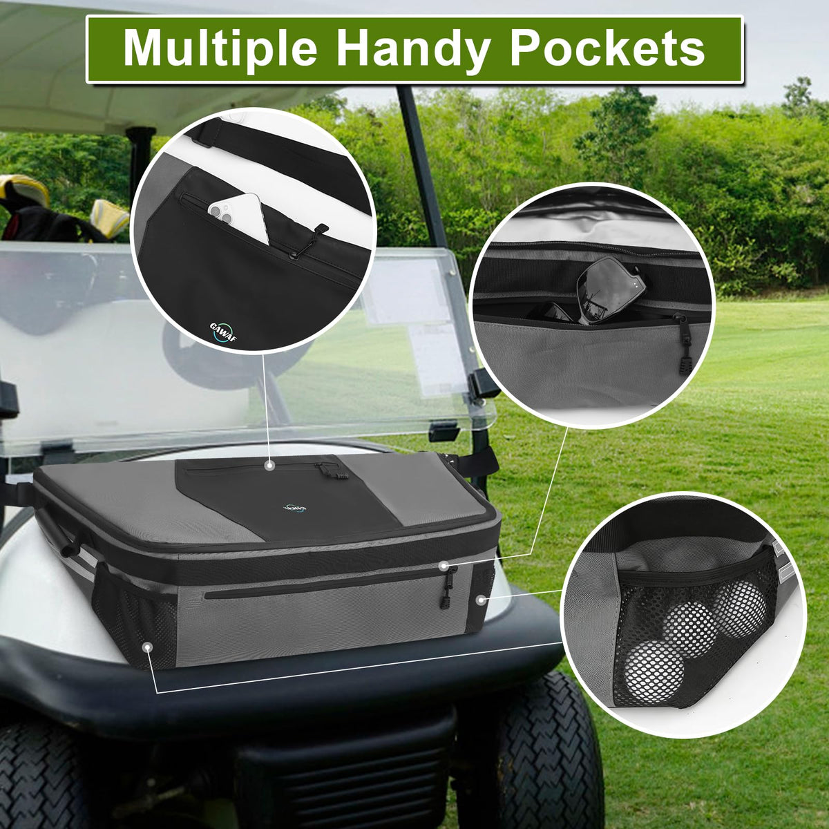 GAWAF Golf Cart Cooler Bag interior organization for snacks and cans