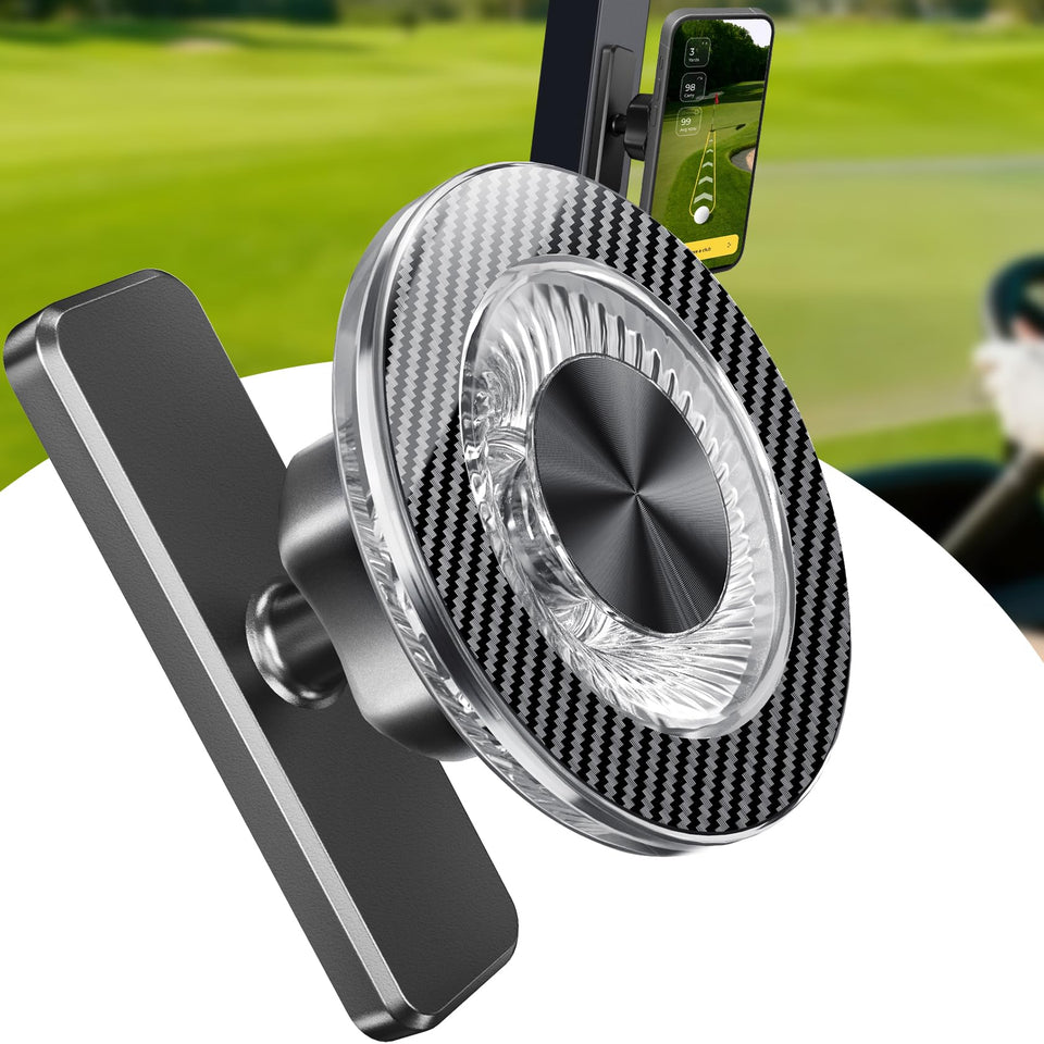 GBEAST magnetic base securely holds your phone on rough golf cart rides.