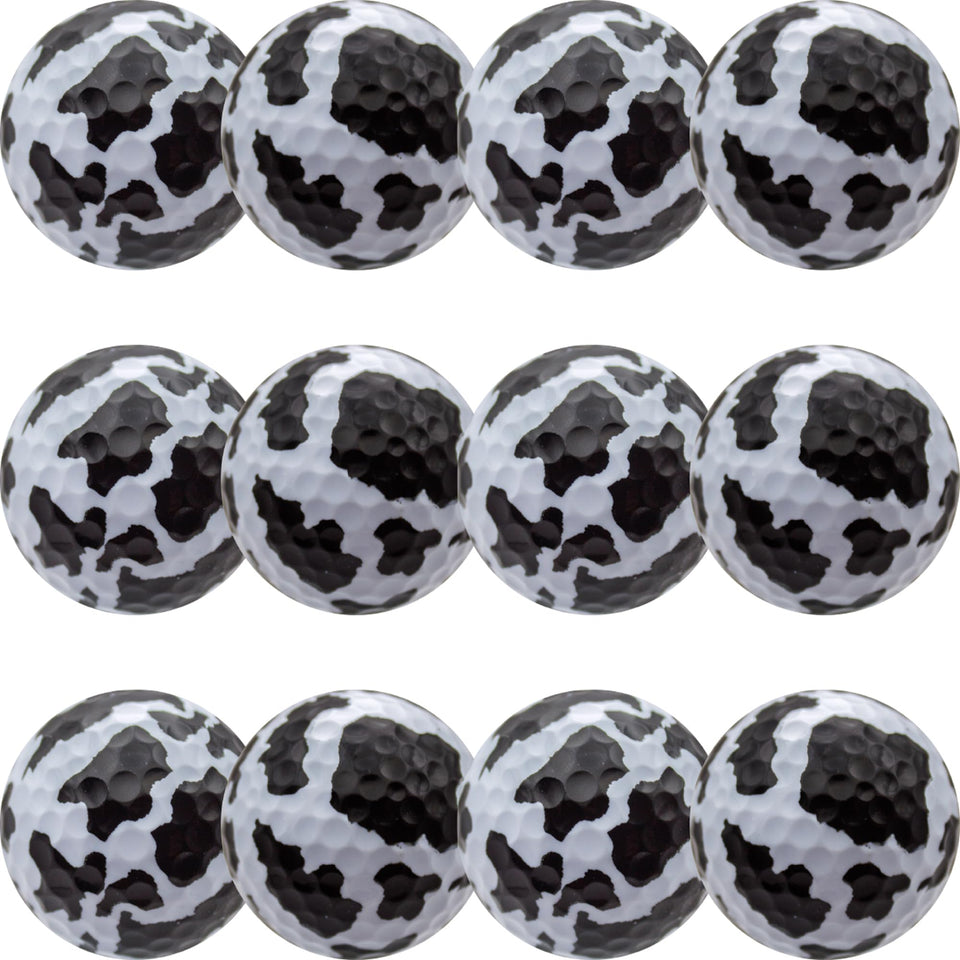 GBM cow print novelty golf ball with 360-wrap design for high visibility on the course