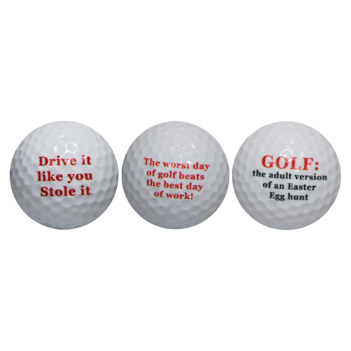 GBM Golf Humor balls showcase solid core two-piece construction for durable casual play.