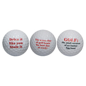 GBM Golf Humor balls showcase solid core two-piece construction for durable casual play.